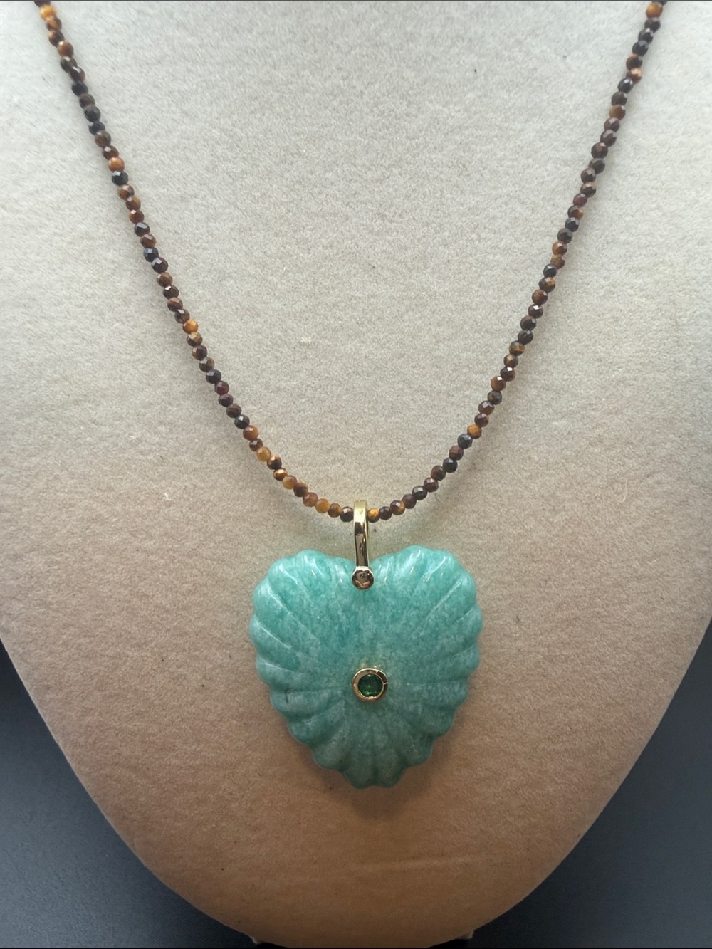Adina Eden Carved Green stone Heart Pendant on tiger eye bead Necklace